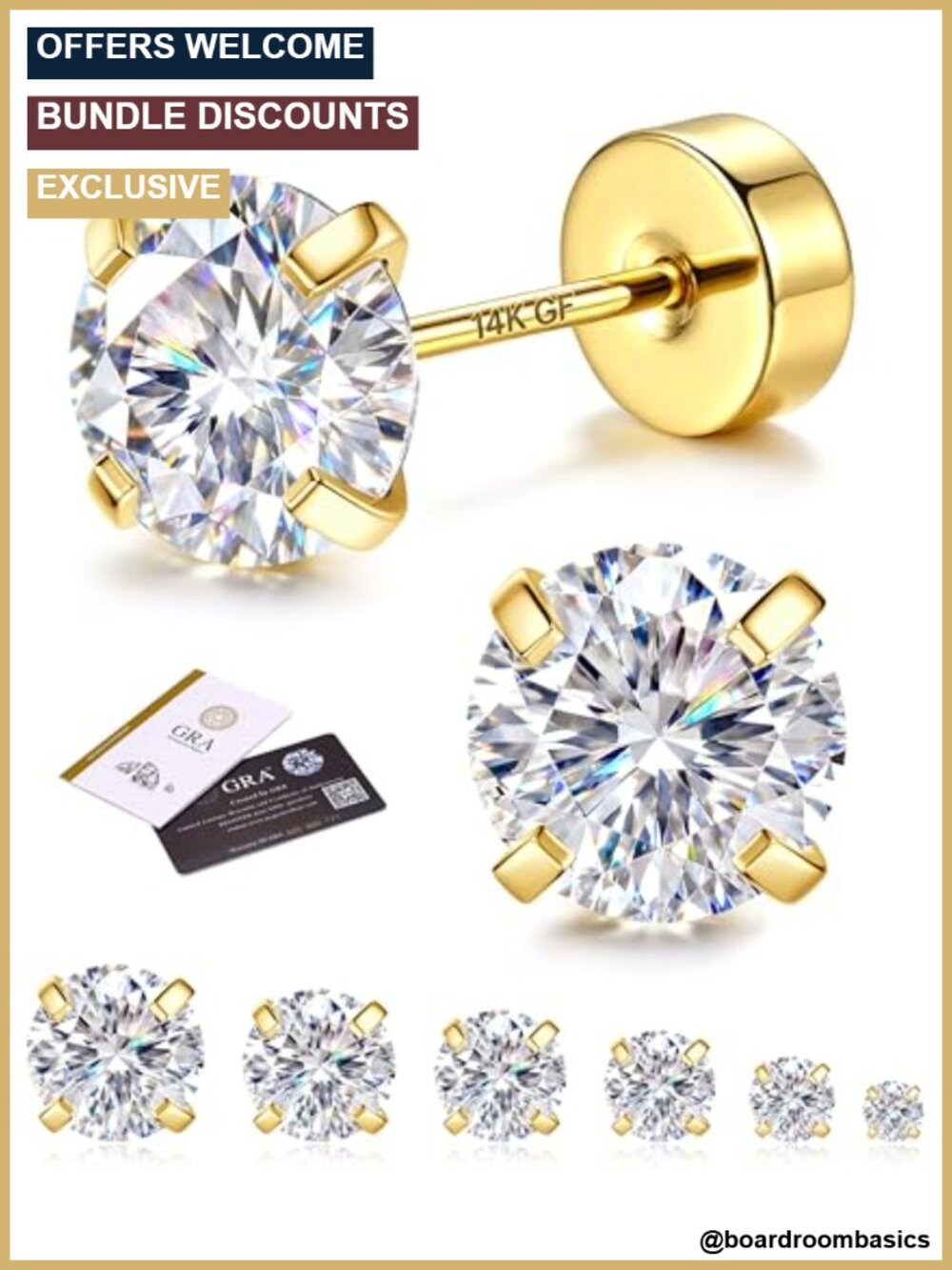 14k Gold Plated Stainless Steel Moissanite Flat Back Stud Earrings Set